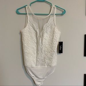 White, lace, thong bodysuit from Lulu’s